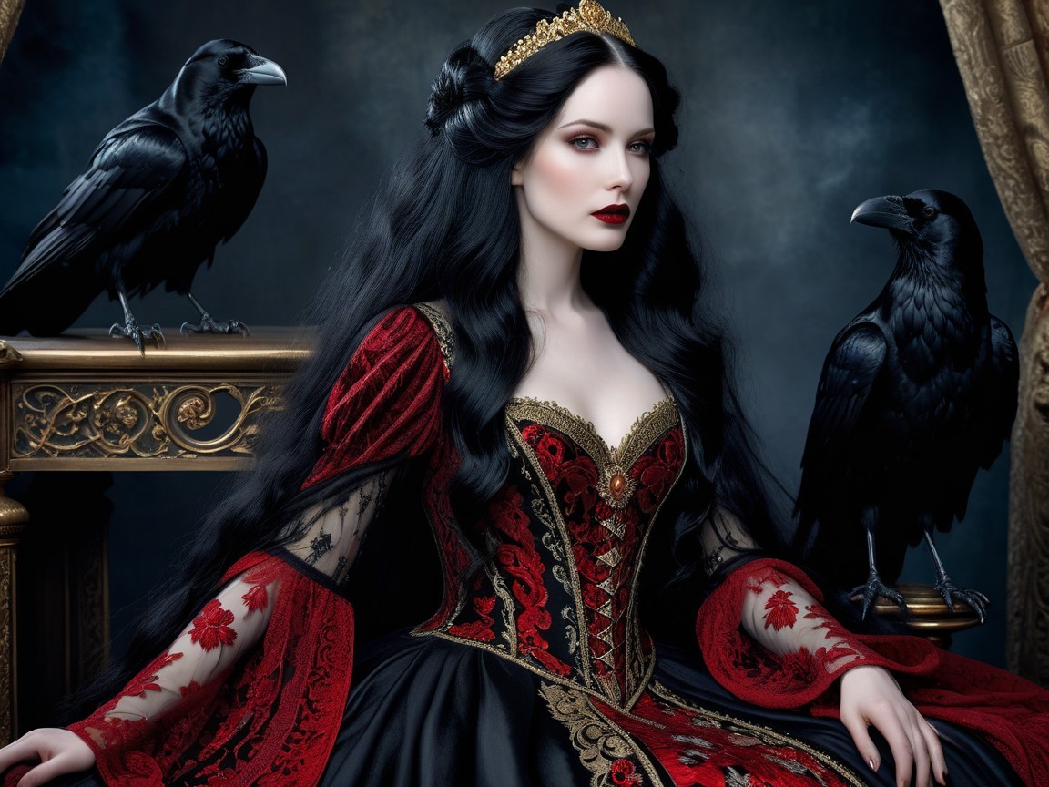 Striking Woman in Lavish Black and Red Gown