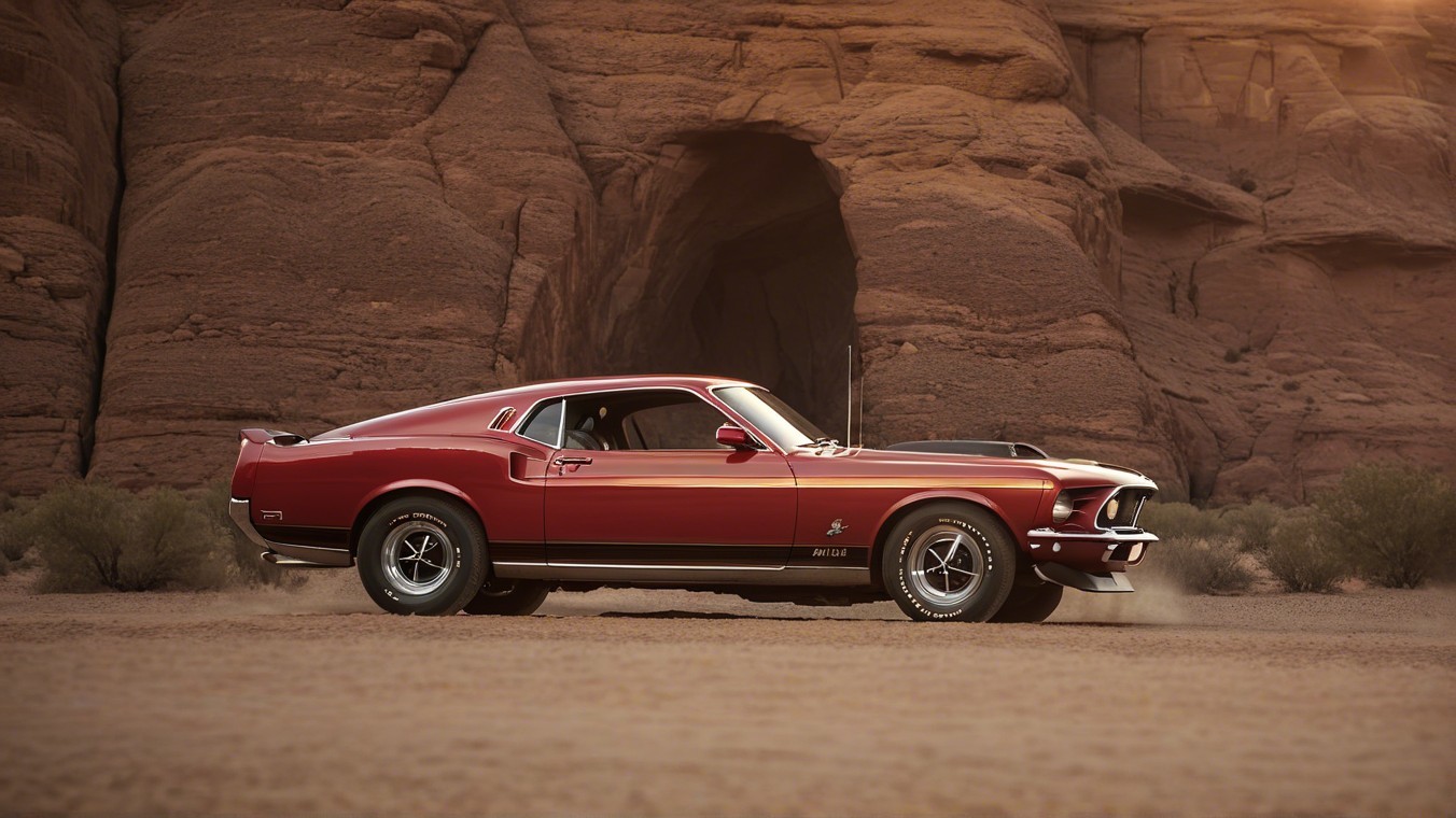 1969 Ford Mustang in Red Against Desert Landscape