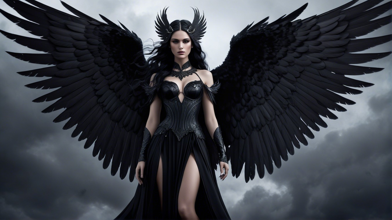 Figure with Black Wings in Dark Gown Against Stormy Sky