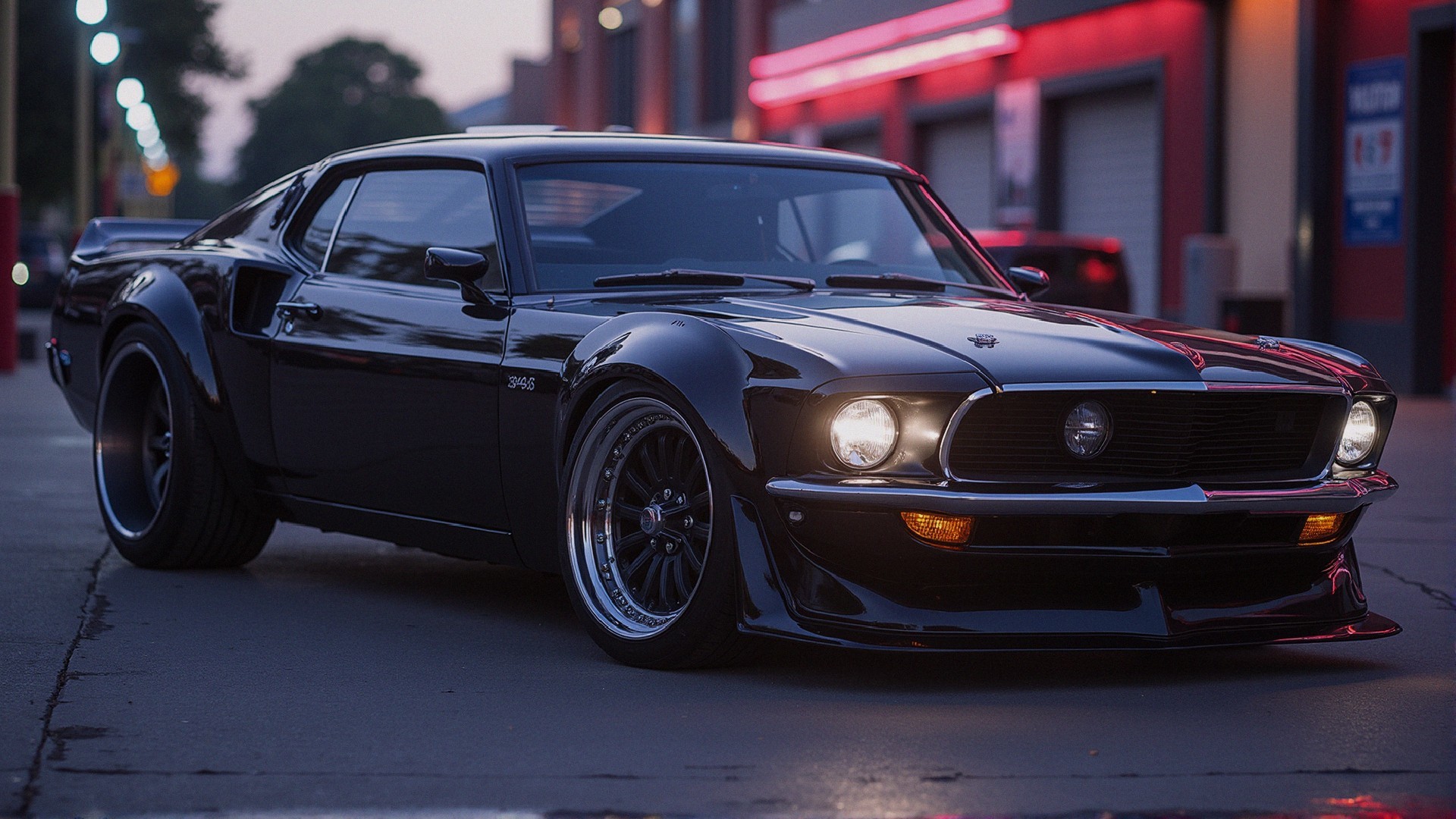 Classic Black Modified Mustang on Dimly Lit Street