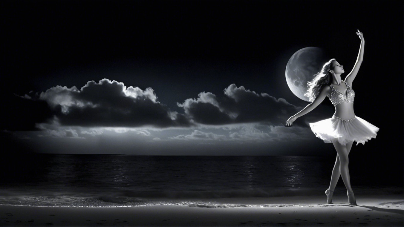 Dancer in White Tutu on Moonlit Beach Scene