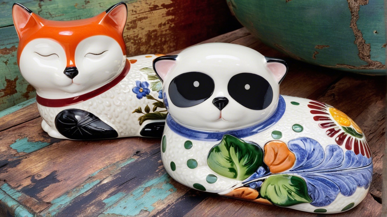 Charming Fox and Panda Decorative Pieces with Floral Patterns