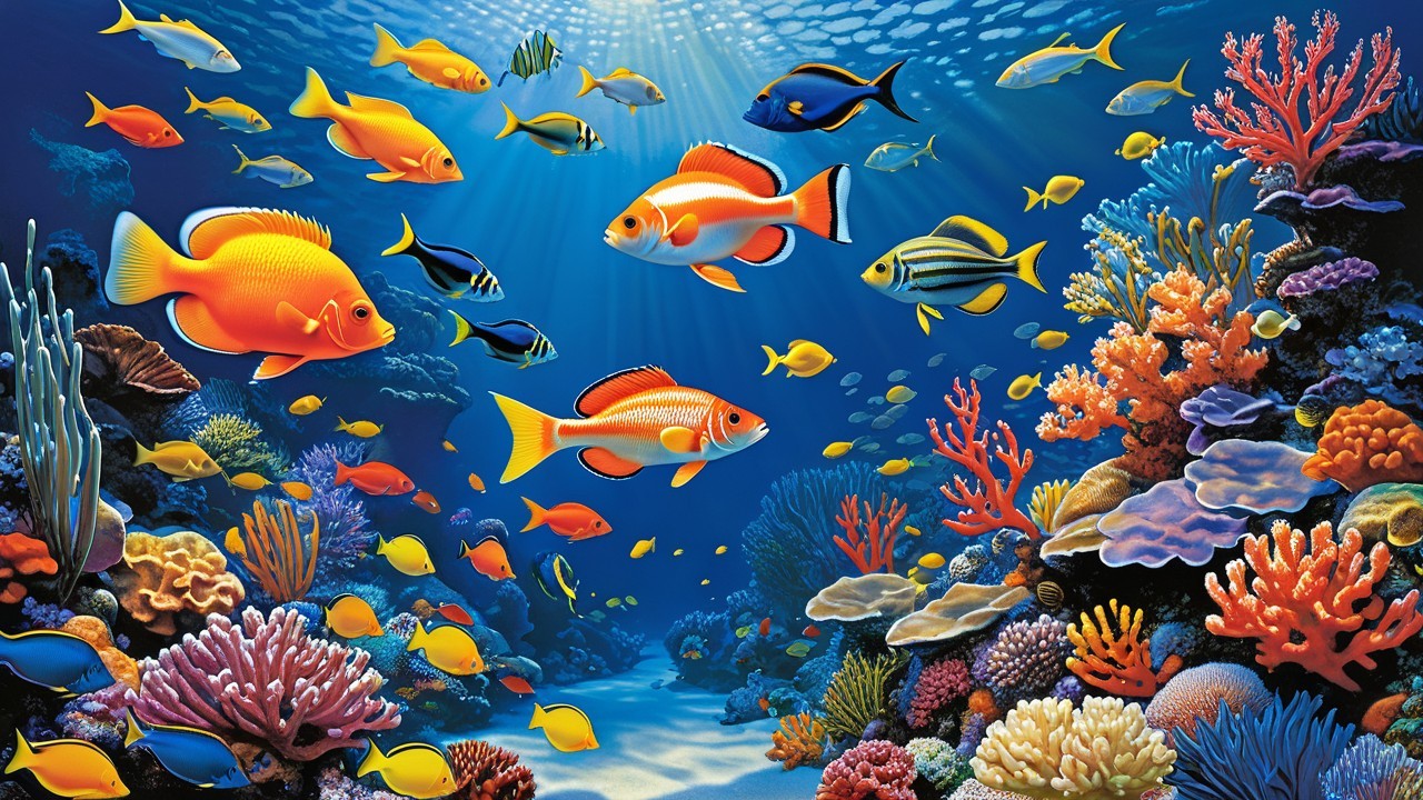 Vibrant Underwater Scene with Colorful Fish and Coral