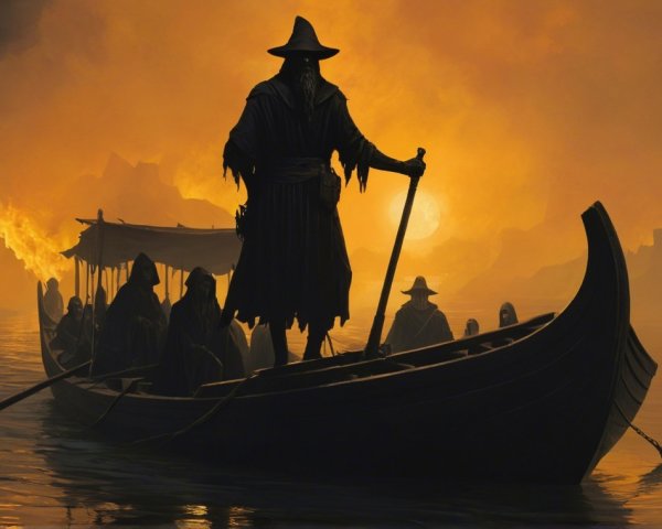 Mysterious Boat Scene with Shadowy Figures at Sunset