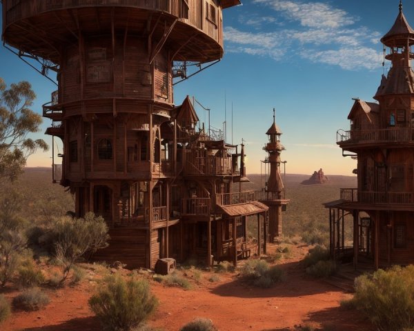Wooden towers in rugged landscape at sunset