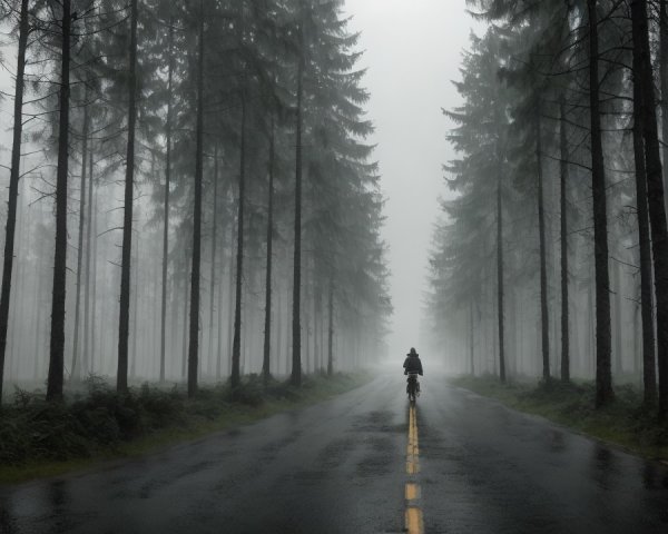 Cyclist on a Foggy Road Surrounded by Trees