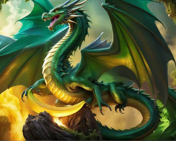 Emerald Green Dragon in Ethereal Forest Setting