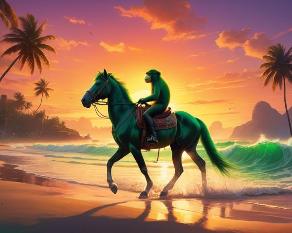 Vibrant sunset beach scene with monkey on horse