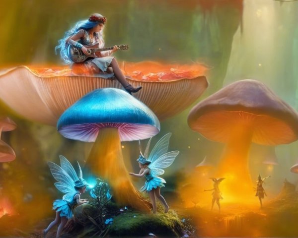 Female figure playing guitar on a glowing mushroom