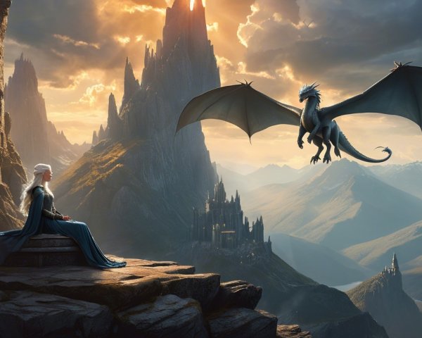 Serene Figure and Dragon Over Majestic Landscape