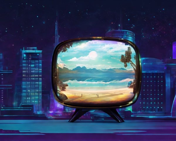 Vintage Television in Futuristic Neon Cityscape