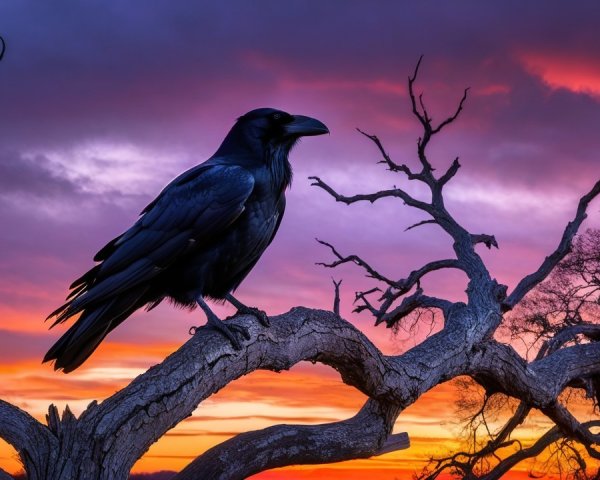 Raven Silhouetted Against a Vivid Sunset Sky