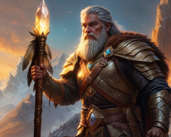 Elder Warrior in Golden Armor Amidst Mountain Landscape