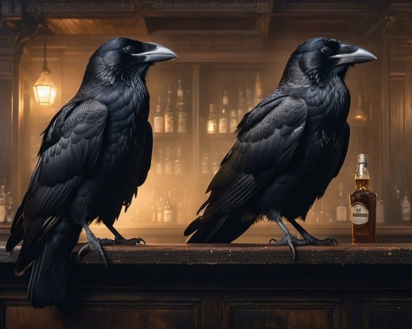 Black Ravens Perched in a Dimly Lit Bar Setting