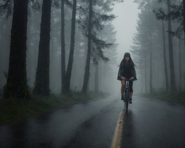 Cyclist on Misty Road Surrounded by Tall Trees