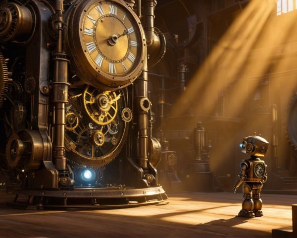 Steampunk Workshop with Robot and Vintage Clockwork Device