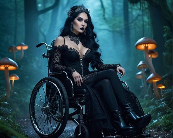 Gothic figure in wheelchair surrounded by glowing forest