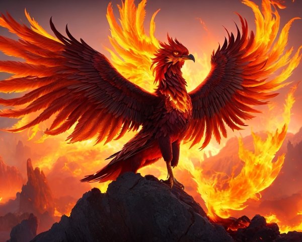 Majestic phoenix on jagged rocks with fiery wings