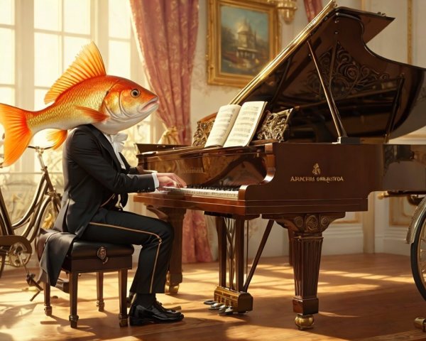 Surreal Scene of Goldfish Head Pianist in Opulent Room