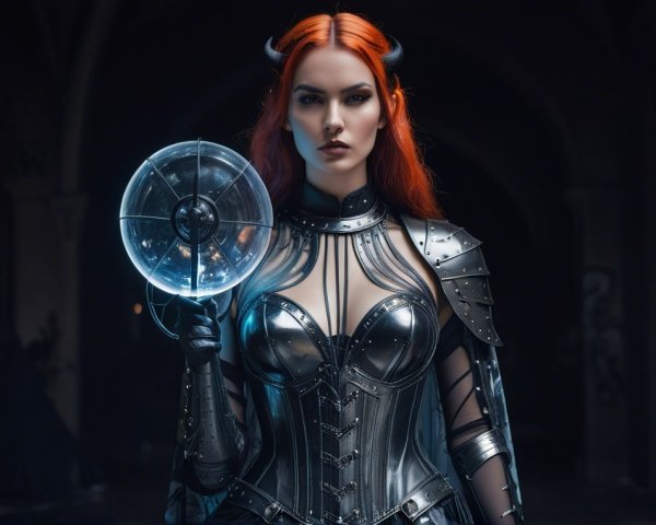 Gothic Figure in Silver Armor with Glowing Orb