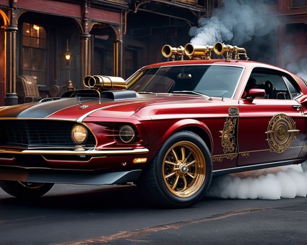 Red Vintage Muscle Car with Gold Detailing in Motion