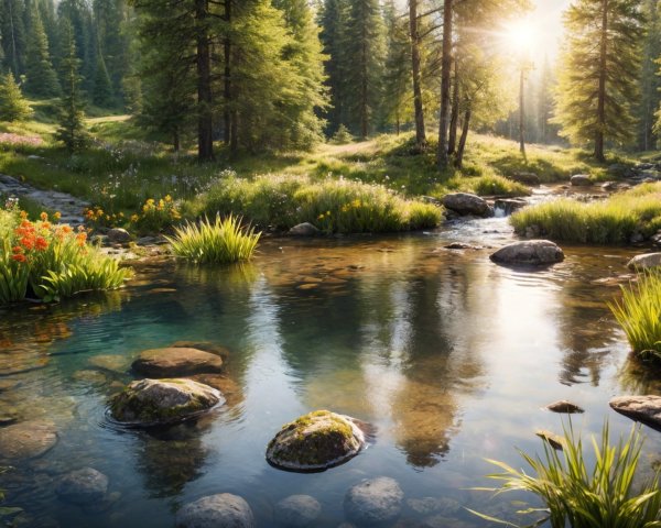 Serene Landscape with Stream and Lush Greenery