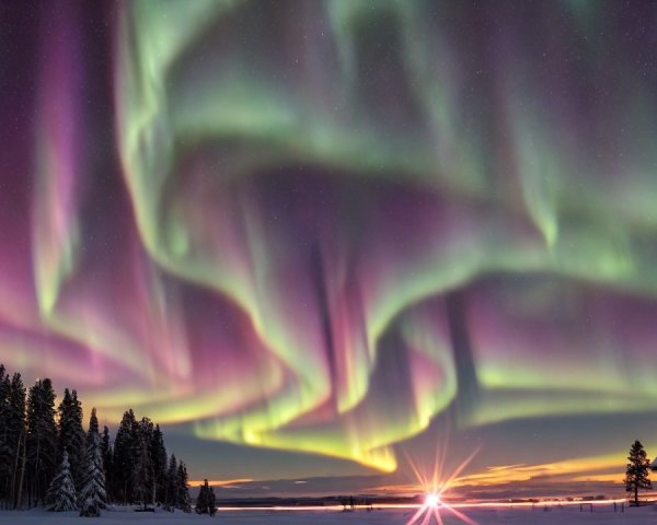 Northern Lights Over Snowy Cabin Landscape