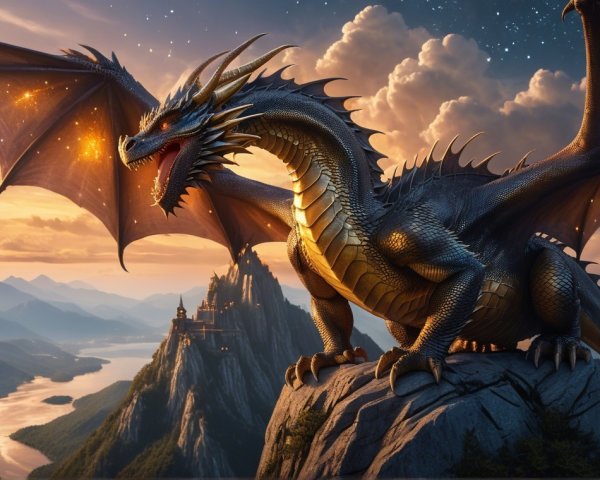 Majestic dragon in fantasy landscape at sunset