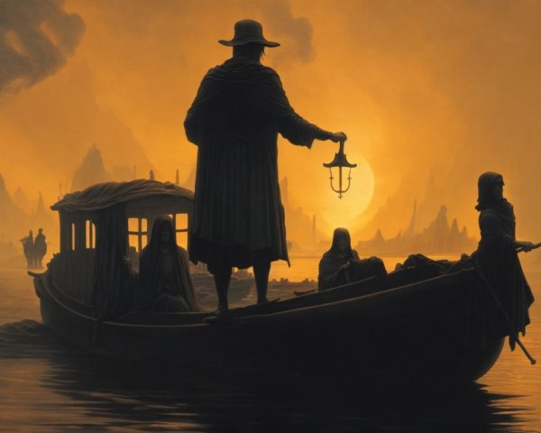 Lone Figure with Lantern on Boat at Sunset