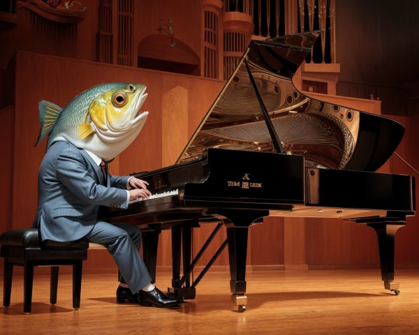 Fish in Suit Playing Piano on Stage in Concert Hall
