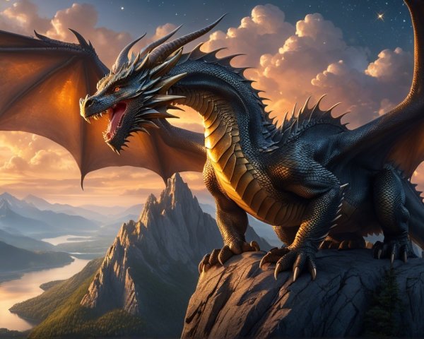 Majestic Black Dragon on Rocky Cliff at Sunset