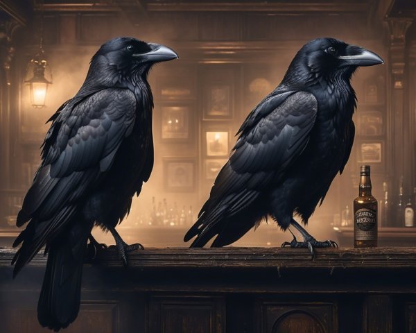 Ravens on a Bar Counter with Antique Lighting