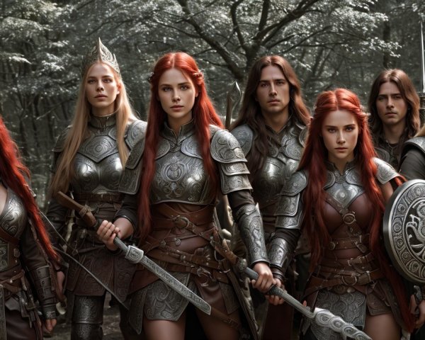 Warriors in Armor in a Mystical Green Forest