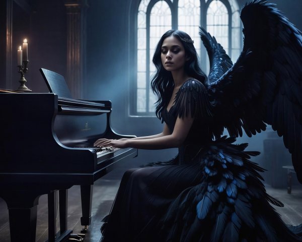 Young woman in feather dress seated at grand piano