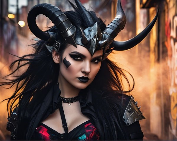 Fierce Female Figure in Urban Alley with Horned Armor