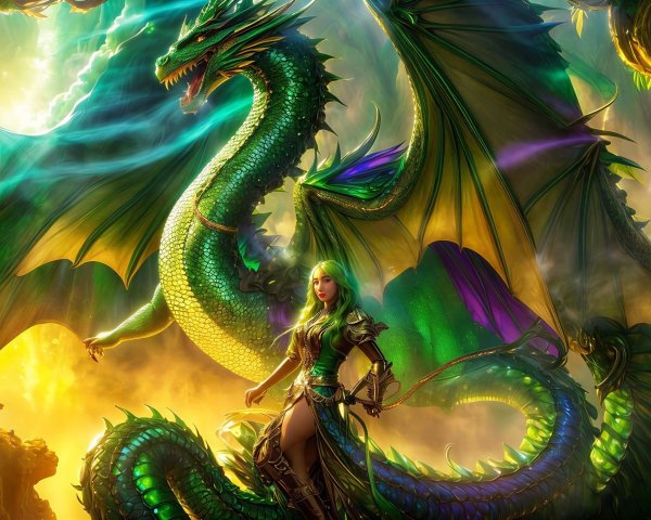 Fantasy Artwork Featuring a Green Dragon and Warrior