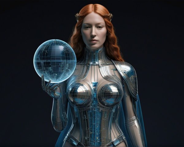 Futuristic figure in metallic outfit with glowing globe