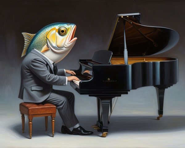 Humanoid Figure with Fish Head at Grand Piano