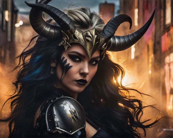 Warrior in Urban Alleyway with Horned Helmet and Armor