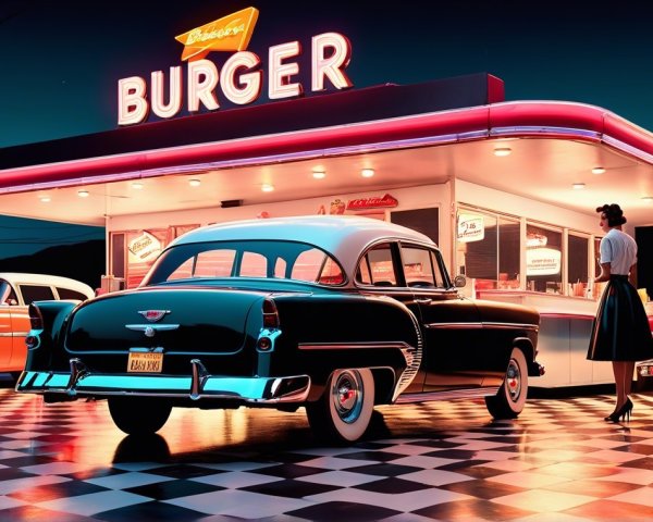 Retro Diner Scene with Neon Lights and Classic Cars