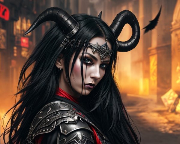 Dystopian Figure in Ornate Dark Armor and Horned Headdress
