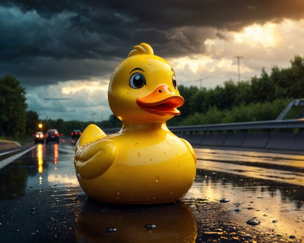 Rubber Duck on Wet Road Under Stormy Sky