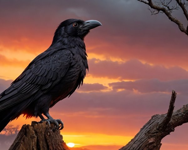 Raven on Branch Against Dramatic Sunset Colors