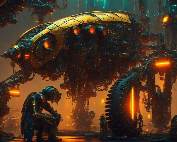 Futuristic Scene with Robotic Creature and Reflective Figure