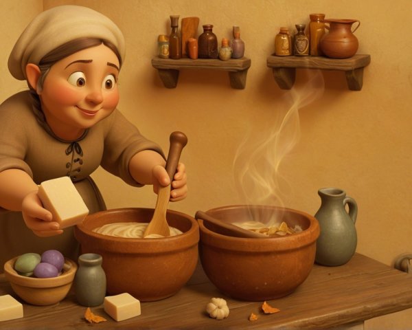 Cozy Kitchen Scene with Woman Cooking and Ingredients