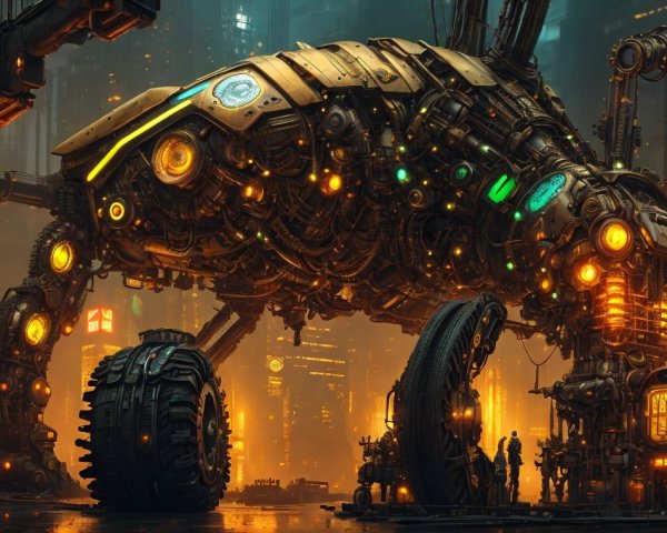 Futuristic cityscape with mechanical tortoise and skyscrapers