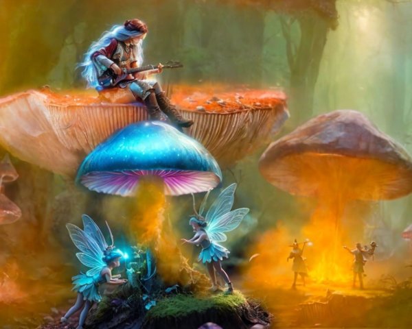 Guitarist on Giant Mushroom in Enchanted Forest