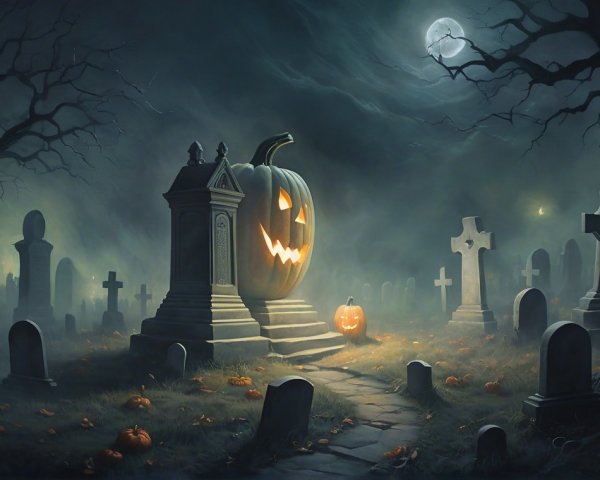 Haunting Graveyard Scene with Pumpkins and Shadows