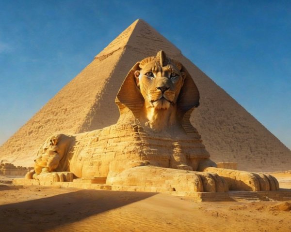 Sphinx Statue with Great Pyramid of Giza Background