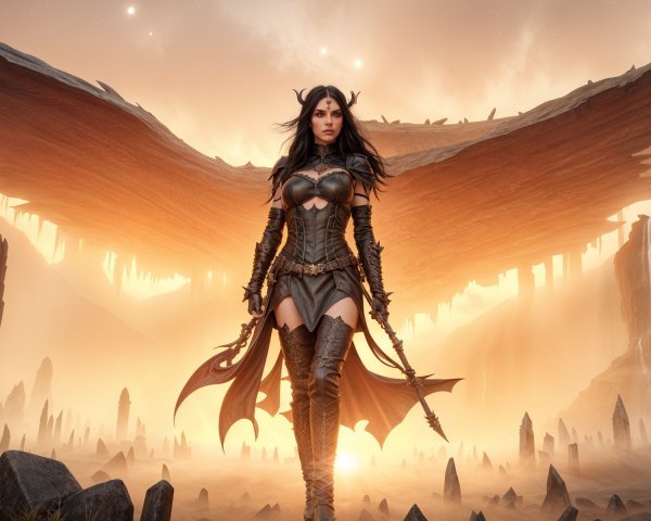 Warrior in Dark Armor Against Mystical Landscape
